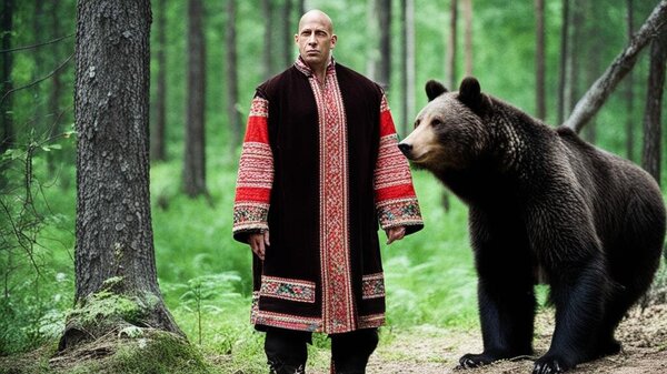 Вин Дизель в русском народном костюме, в лесу возле медведя._Kandinsky 3.0.jpg