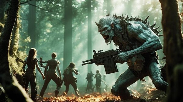 A monster with a machine gun, from the film Resident Evil, walks through a sunny fairy-tale forest surrounded by elves and dwarves_Kandinsky 3.0 (1).jpg