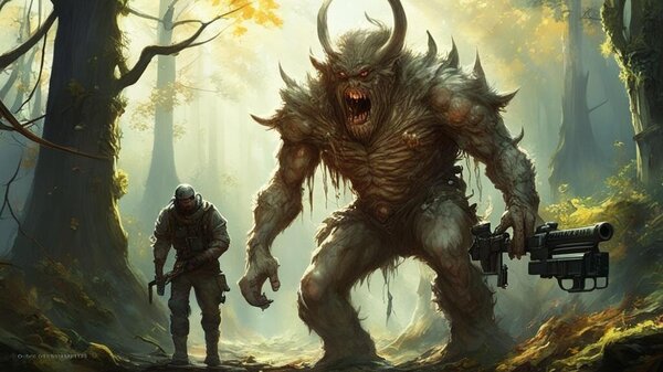 A monster with a machine gun, from the film Resident Evil, walks through a sunny fairy-tale forest surrounded by elves and dwarves_Kandinsky 3.0 (3).jpg