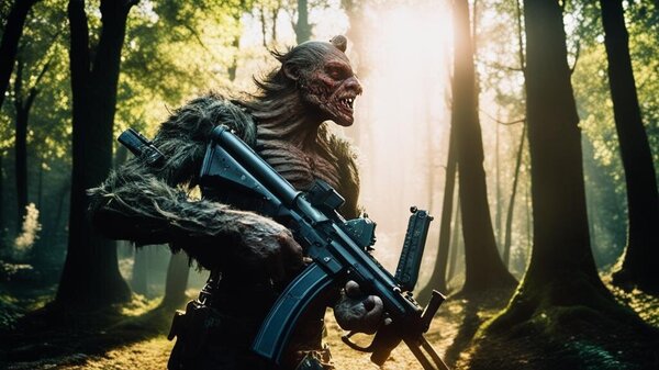 A monster with a machine gun, from the film Resident Evil, walks through a sunny fairy-tale forest surrounded by elves and dwarves_Kandinsky 3.0.jpg