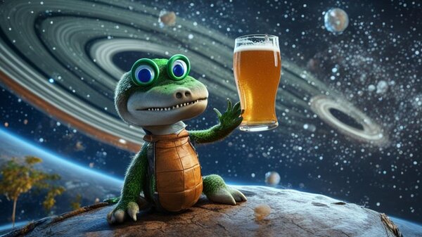 Cheburashka in space, against the background of the rings of Saturn. Crocodile Gena with a beer._Kandinsky 3.0.jpg
